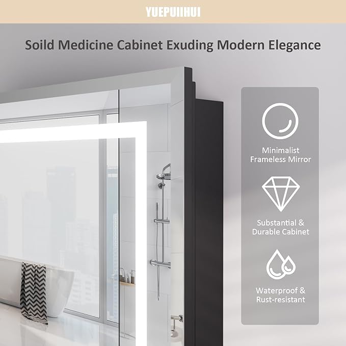 16X24 Inch Bathroom Medicine Cabinet with Mirror, Adjustable 3-Color Brightness Dimming LED Mirror Cabinet Recessed or Wall Mounted, Black Medicine Cabinet with Lights, Defogger