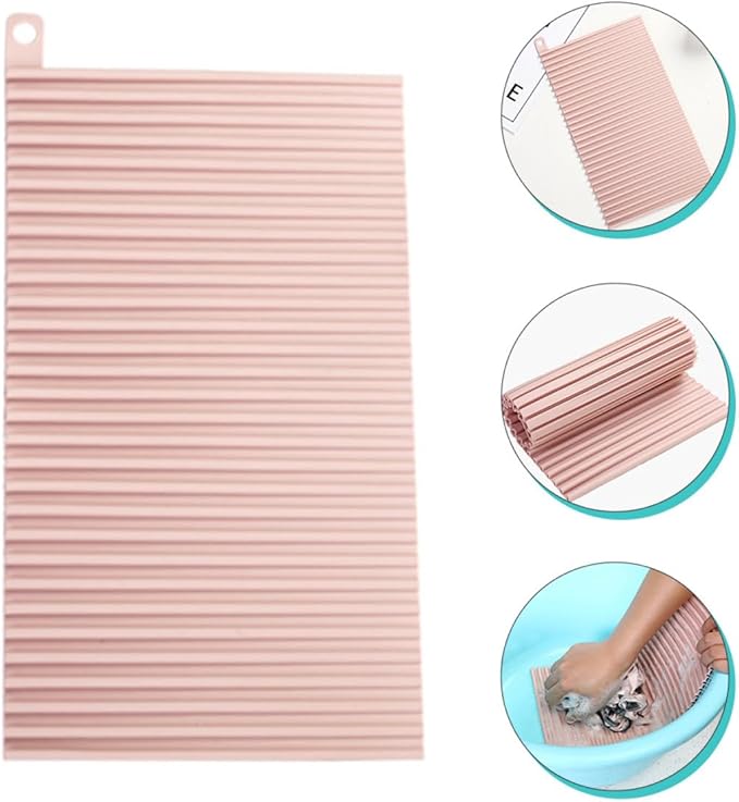 SECFOU Non-Slip Soft Silicone Laundry Washboard, Portable Foldable Household Washing Board for Hand Clothes Cleaning, Pink Small Size for Travel and Home Use