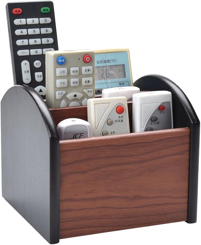 Wooden Desk Organizer, 4 Compartment Revolving Wood Desktop Organizer Office Supplies Rotating Remote Control Caddy Holder (Desk Organizer-4)