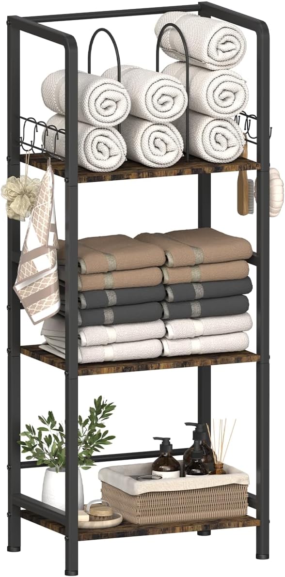Free Standing Towel Racks for Bathroom with U-Shaped Detachable Dividers, 3-Tier Floor Towels Holder Stand with Shelf & 8 S-Hooks, Metal Pool Towel Storage Organizer for Home, Poolside, Black