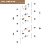 Blanket Ladder, 5-Tier Towel Holder with 4 Removable Hooks, Farmhouse Wall Leaning Decorative Rack Shelf, Wooden Towel Display Rack, Quilt Ladder for Living Room, Bedroom, Greige