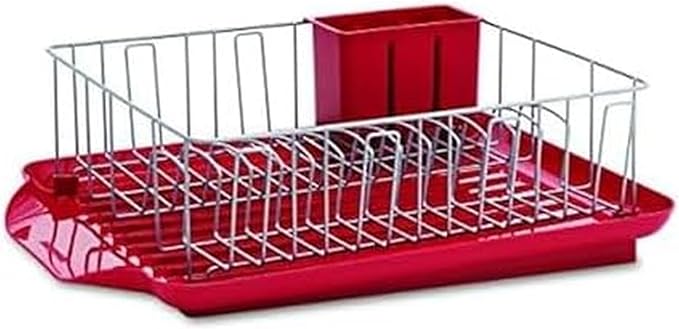 Farberware Classic Large Rust Resistant Full Dishrack with Removable 3 Compartment Flatware Caddy, Andlged Drain Board, 3-Piece, Red