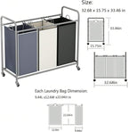 3-Bag Laundry Sorter Cart with Rolling Lockable Wheels, Removable Bags, 32.68 x 15.75 x 33.46 in, Black, Beige and Grey (Assorted)