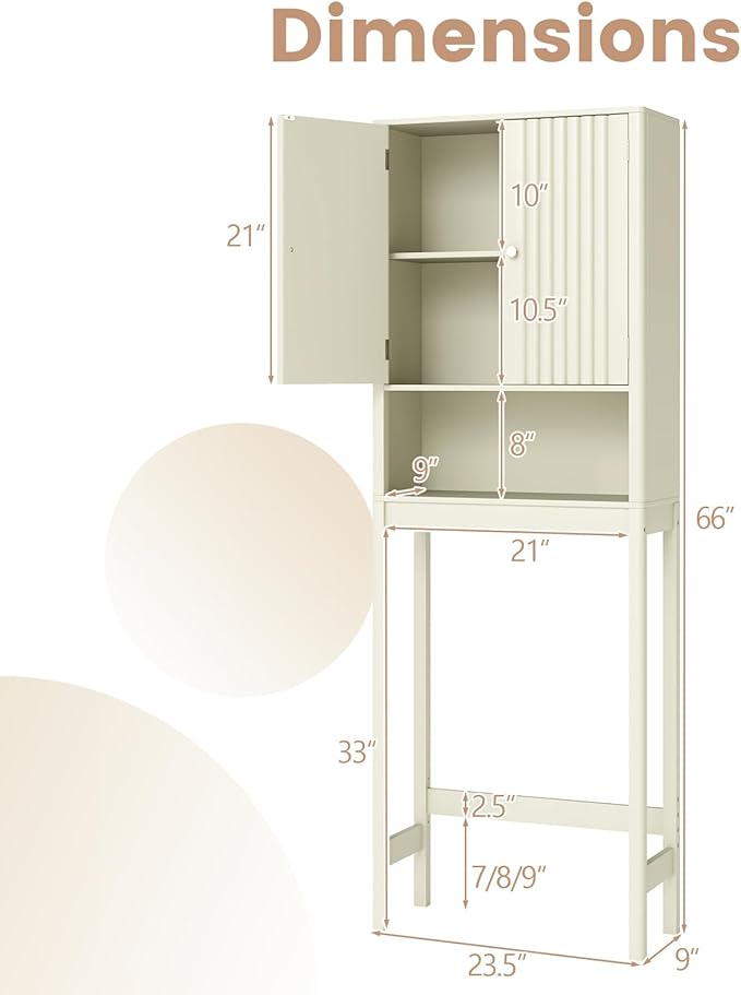 Tangkula Over The Toilet Storage Cabinet, Bathroom Space Saver with Fluted Doors Adjustable Shelf & Bottom Bar, Freestanding Above Toilet Storage Cabinet Organizer for Laundry, Restroom (Cream White)