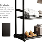Freestanding Clothing Rack,Metal Garment Rack with Bottom Shelves and 6 Side Hooks,Black Sturdy clothes racks for hanging clothes,Modern Wardrobe Organizer for Bedroom or Closet (L:39.4)