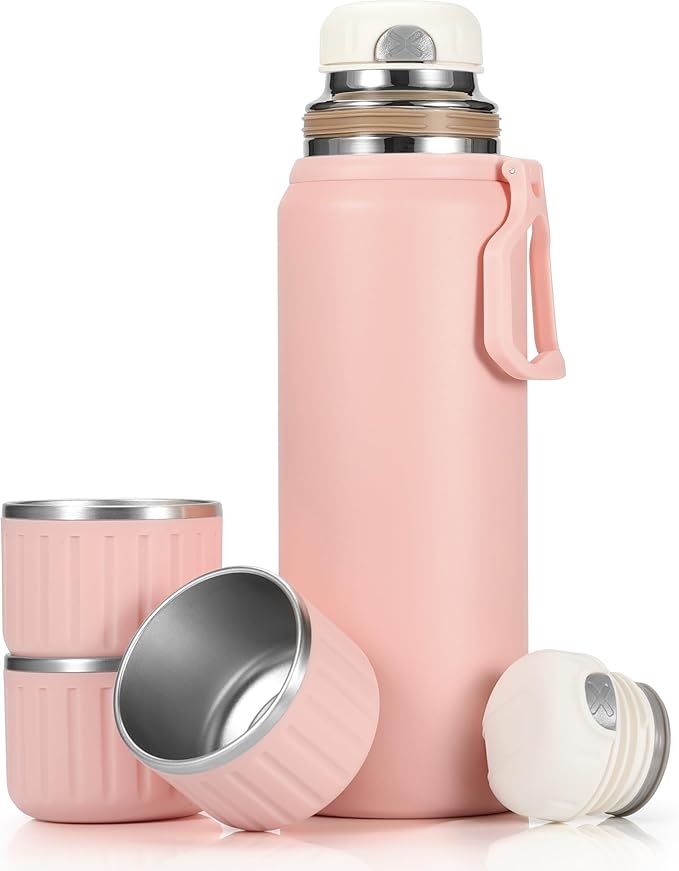 750ml/27 OZ Coffee Thermo with 3 cups, Insulated Water Bottle, Stainless Steel Vacuum Flask Set for Hot and Cold Drinks, Gifts Box