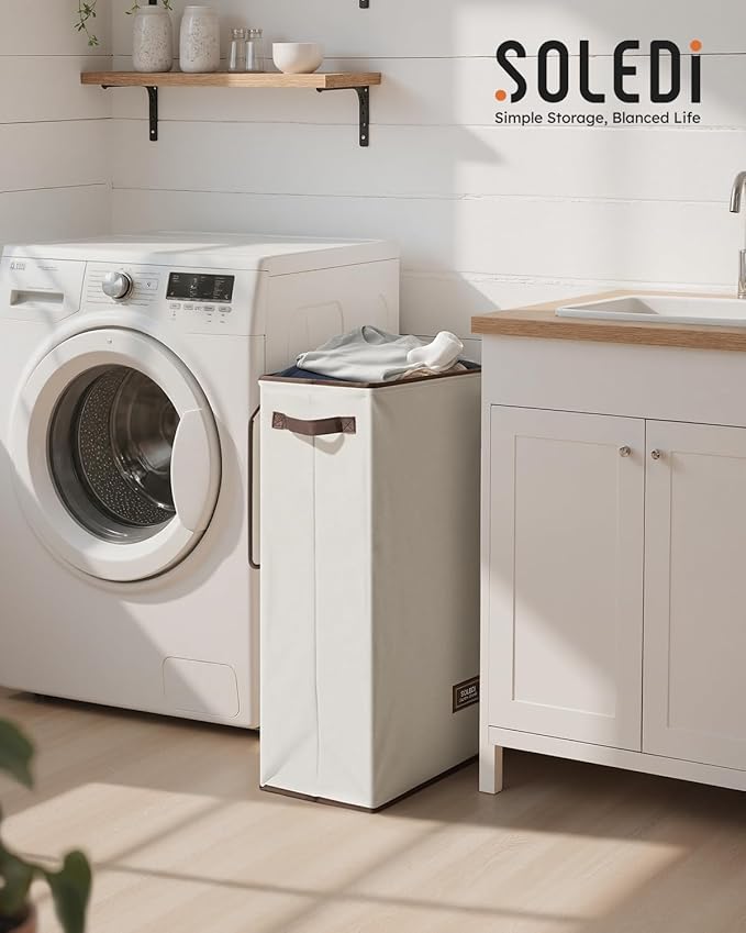 SOLEDI Slim Laundry Hamper with Lid, Narrow Laundry Basket with Removable Bags, Dirty Clothes Hamper with handle, Small Hamper perfect for Laundry room, Bathroom, Bedroom, Small spaces. 70L Beige
