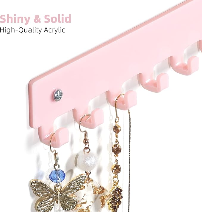 Acrylic Necklace Holder 4 Pack Wall Mounted Necklace Organizer Hanging Jewelry Organizer with 12 Hooks for Necklaces, Bracelets, Rings and Bangles Display Pink