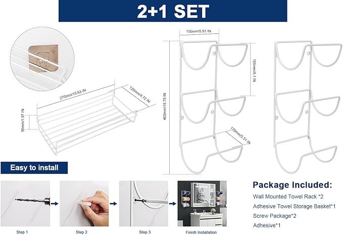 NearMoon Towel Rack Wall Mounted- All Metal Bathroom 2 Towel Rack Holders+ Hand Towel Storage Basket, Rustproof 3 Level Wine Rack Organizer for Hand Towels, Washcloths, 2+1 Pack (White)