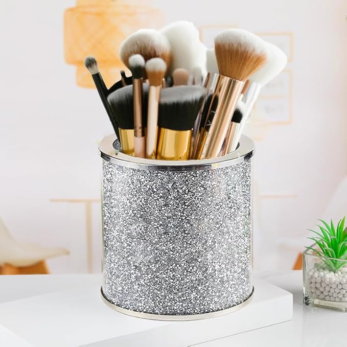 Glass Utensil Holder, Crystal Silver Utensil Makeup Brush Organizer Bling Flatware Storage Crocks for Countertop Crushed Diamond Home Decor Spoon Knife Fork Holder for Kitchen Counter