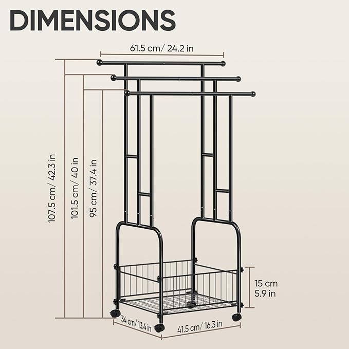 HAITRAL 42" H Standing Towel Rack, 3 Tiers Towel Holder with Basket, Bathroom Freestanding Towel Rack with 360° Anti-Skid Wheels, Multi-Use for Towel, Blanket, Clothes, Indoor/Outdoor (Black)