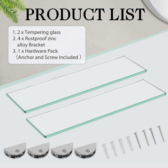 Bathroom Shelves, Glass Floating Shelves for Bathroom, Kitchen, Living Room, Bedroom,Tempered Glass Shelf with Zinc Alloy Brackets, 15 X 4.75 Inches, 2 Pack Clear