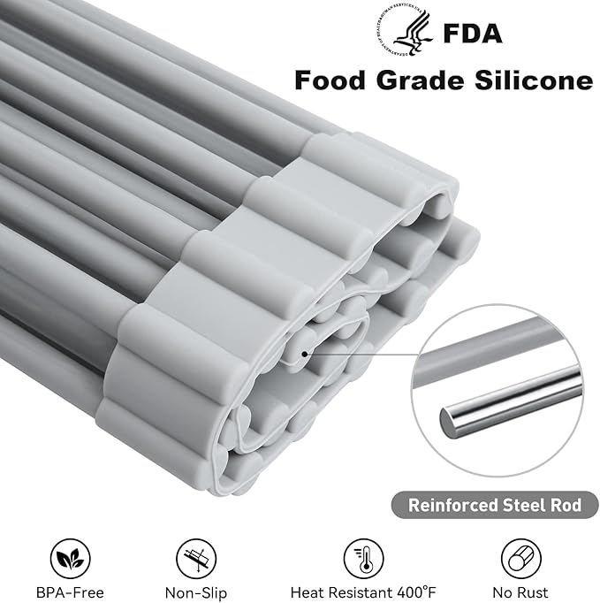 MERRYBOX Roll Up Over The Sink Dish Drying Rack Silicone Wrapped Foldable, Heat-Resistant, Anti-Slip Sink Rack Multipurpose Dish Drainer for Kitchen Sink Counter - Grey, 17.5" x 11"