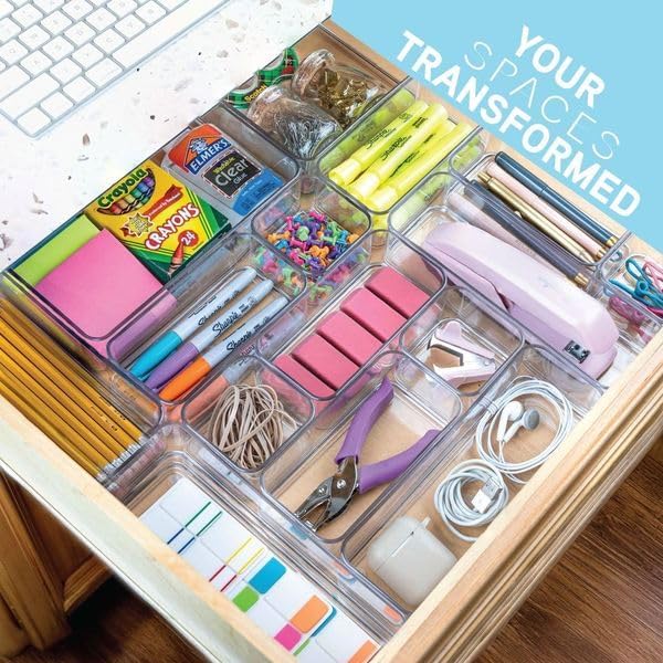 primebox Fifteen Pieces. Plastic Clear Drawer Organizers. Bathroom, Kitchen, Bedroom, Utensils, Office Organizer Bins, Storage Trays. Heavy Duty, Stackable 5 Sizes.