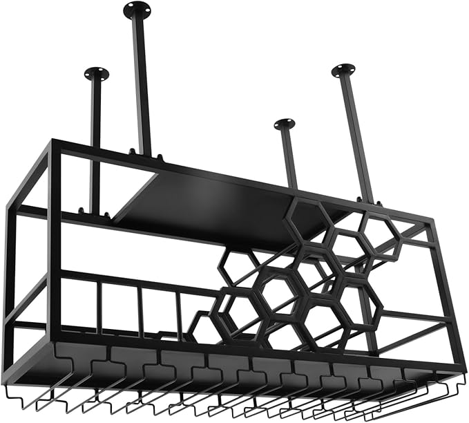 Ceiling Mounted Wine Rack with Glass Holder, Black Iron Hanging Wine Bottle Storage, 39.37x11.81x15.75 Inch, 150lbs Capacity, Modern Rectangular Design