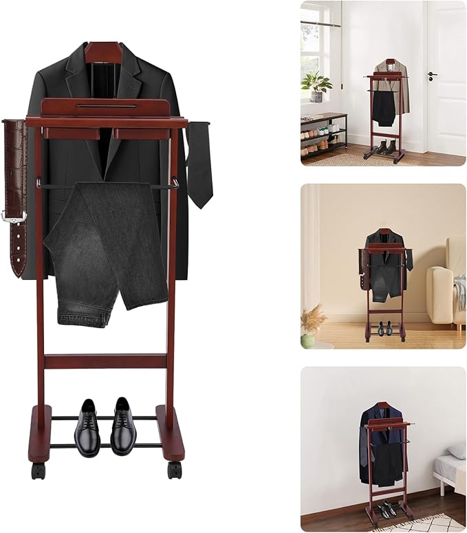 66.14 Lbs Capacity Wood Valet Stand, Clothes Valet Rack with 4 Universal Wheels, Freestanding Clothing Stand with Drawers Tie Rods and Shoe Rack, Reddish Orange