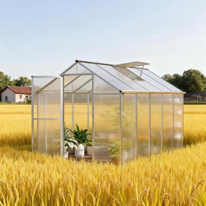 Aluminum Greenhouse with Polycarbonate Panels, Walk-in Garden Greenhouse for Outdoor Plant Growing, Durable Structure for Year-Round Gardening (Silver + Aluminum-1)