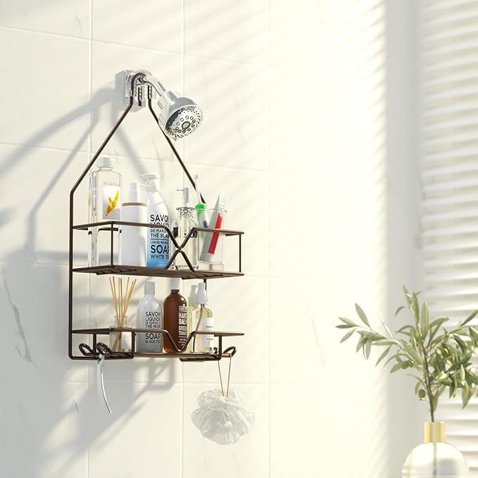 TreeLen Shower Caddy over Shower Head Hanging Bathroom Caddy for Bathroom Organizer 4 Hooks Shampoo Holder-Bronze