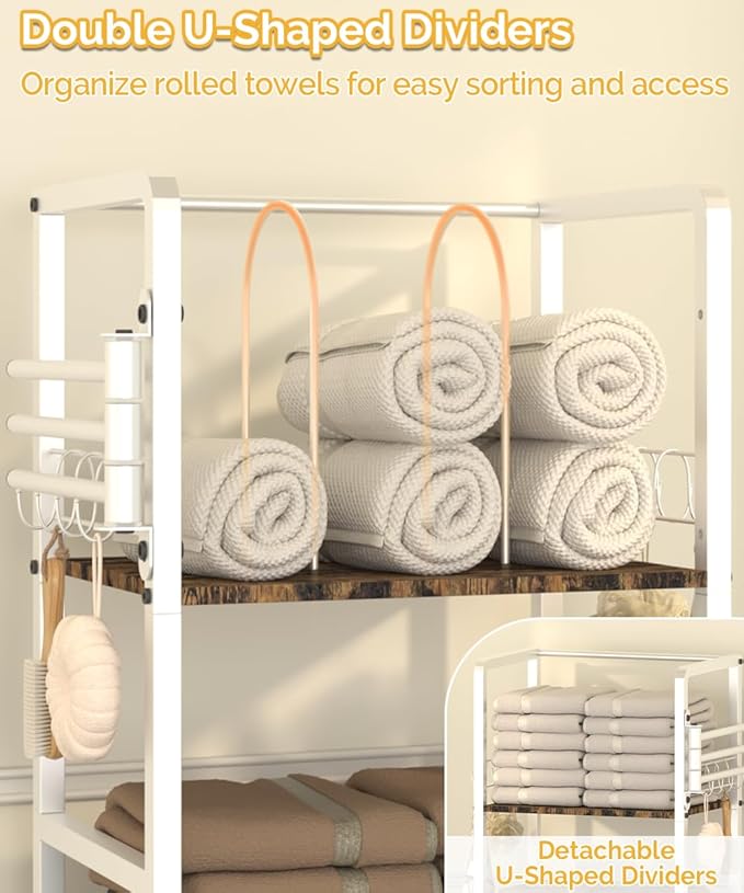 Free Standing Towel Racks for Bathroom with 3 Rotating Bars, 3-Tier Floor Towels Holder Stand with Detachable Dividers, Pool Towel Storage Organizer with 8 S-Hooks for Home, Poolside, White