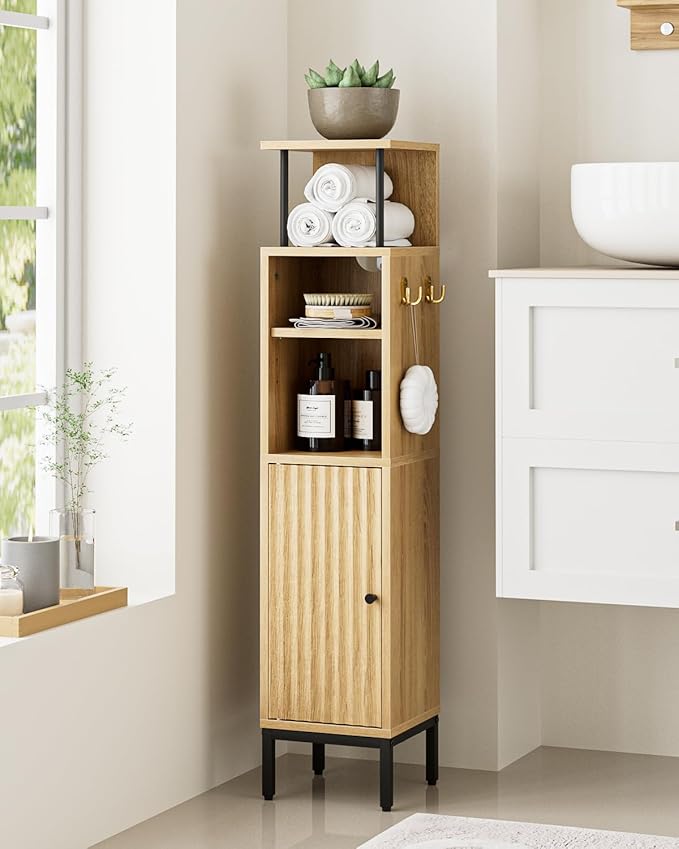 Bathroom Storage Cabinet,Small Corner Floor Cabinet with 2 Hook,Narrow Tall Toilet Paper Cabinet with Adjustable Shelves,Bathroom Organizer for Living Room,Small Spaces (Wave, Oak-37''H)