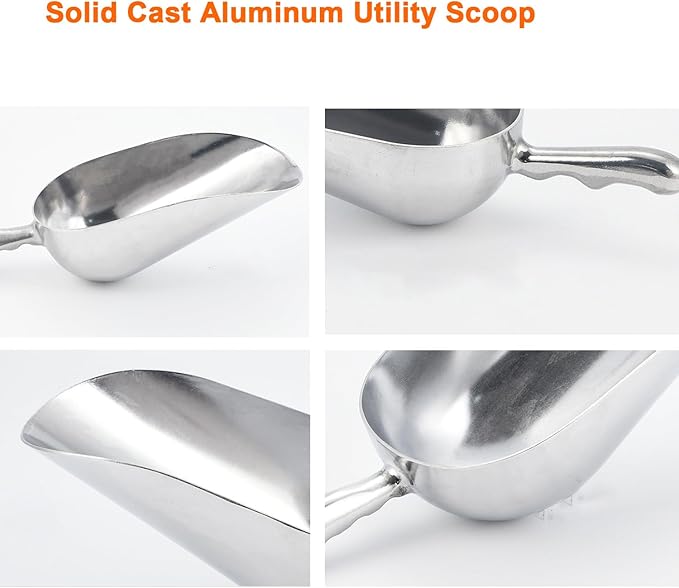 12 OZ Cast Aluminum Utility Scoop, One-Piece Solid Ice Scoop for Ice Bucket, Bar, Kitchen, Multipurpose Food Scooper for Flour, Sugar, Popcorn, Dog Food (Silver) (12OZ)