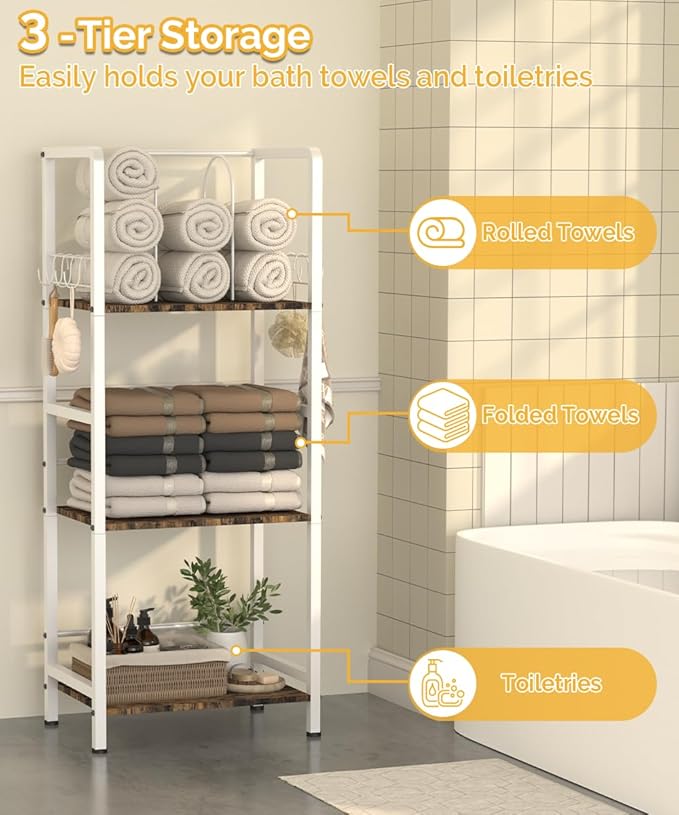 Free Standing Towel Racks for Bathroom with U-Shaped Detachable Dividers, 3-Tier Floor Towels Holder Stand with Shelf & 8 S-Hooks, Metal Pool Towel Storage Organizer for Home, Poolside, White