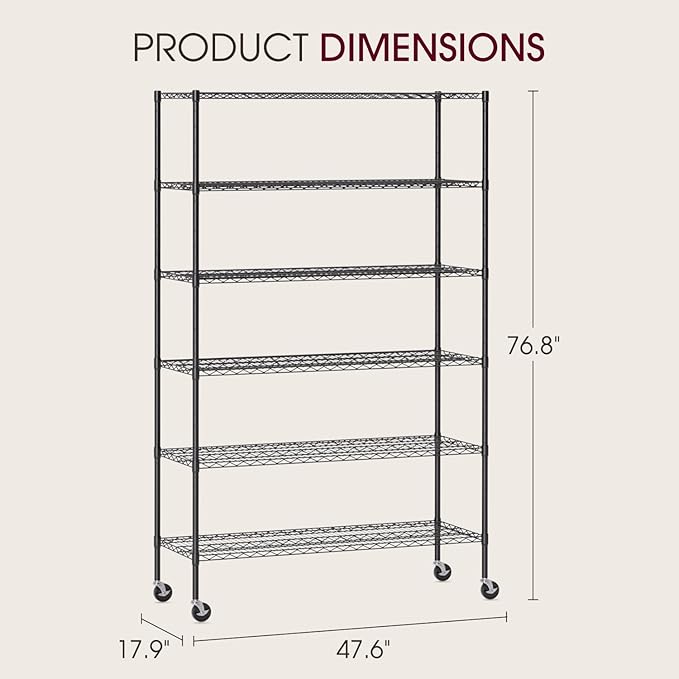 BestOffice | 6-Tier Wire Storage Shelves with Wheels | 48x18x77 | Black | Adjustable Racks | Heavy-Duty Metal Shelf, Holds Upto 600 lbs | No-Tool Assembly | Ideal for Home & Garage Shelving