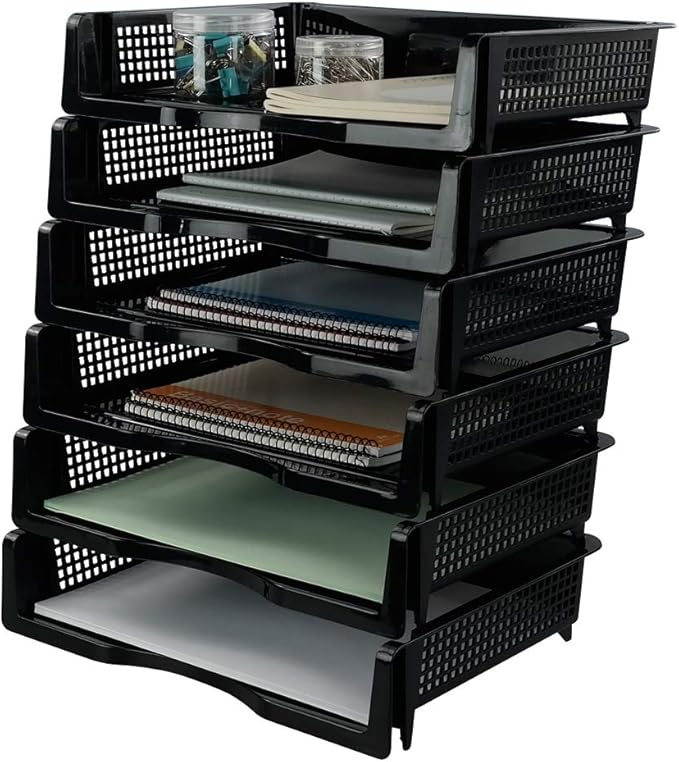 Plastic Stackable File Paper Storage Tray, Office Stackable Letter Tray, Black, 6 Pack