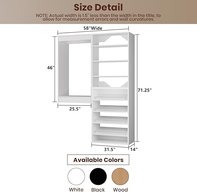 ROOMTEC Modular Closet System, 58" Wall Mounted Closet Organizer with Hanging Rods and Shoe Shelf, Wooden Tower for Walk-In Closets, Wardrobe Storage Kit, White
