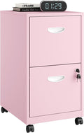 2 Drawer Rolling File Cabinet on Wheels, Mobile Two Drawer Filing Cabinet with Lock, Small Files Cabinets for Under Desk, Metal Filing Cabinets for Letter Size Folders, Pink - Assembly Required