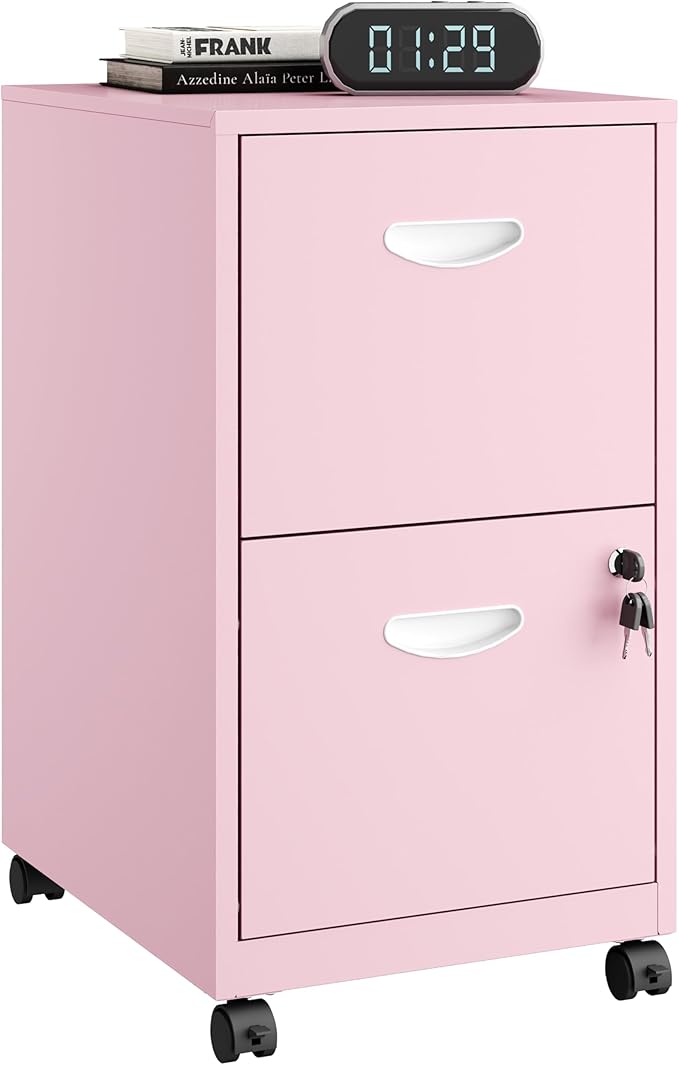 2 Drawer Rolling File Cabinet on Wheels, Mobile Two Drawer Filing Cabinet with Lock, Small Files Cabinets for Under Desk, Metal Filing Cabinets for Letter Size Folders, Pink - Assembly Required