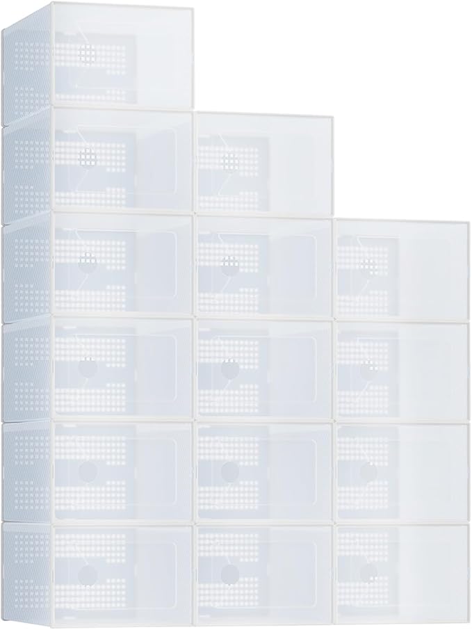 NEWBULIG 15 Pack Clear Shoe Storage Boxes, Shoe Organizer for Closet with Lid, Durable PE Transparent Shoe Containers Ideal for Sneakers, Heels & Boots, White