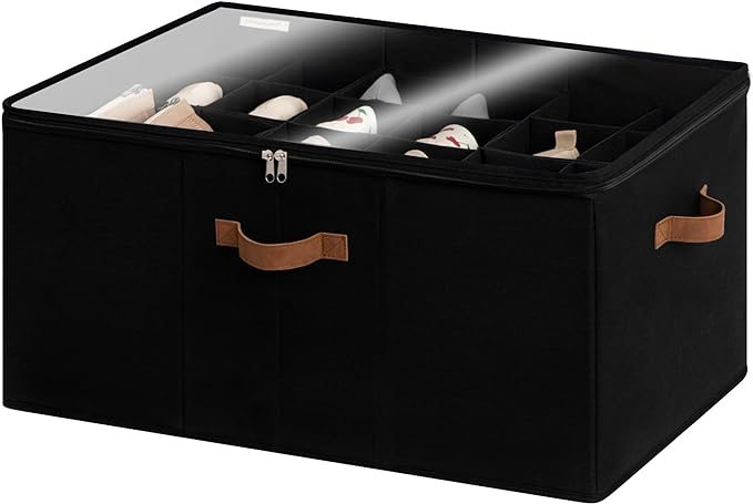 StorageWorks Shoe Organizer for Closet, Fits up to 24 Pairs, Shoe Cubby Storage Containers with Adjustable Dividers and Clear Cover, Black