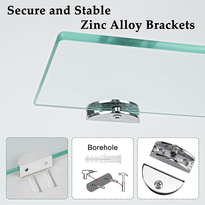 Bathroom Shelves, Glass Floating Shelves for Bathroom, Kitchen, Living Room, Bedroom,Tempered Glass Shelf with Zinc Alloy Brackets, 15 X 4.75 Inches, 2 Pack Clear