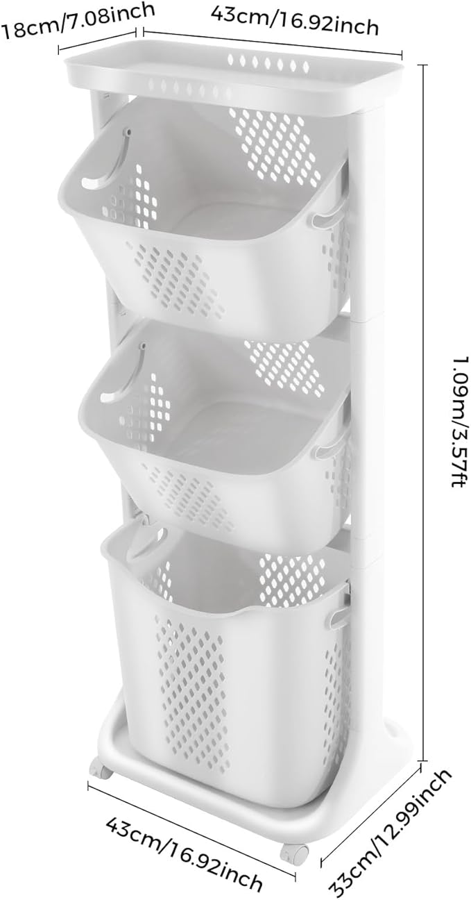 Laundry Hamper Basket Sorter, 3-Tier PP Laundry Sorter Cart with 4 Wheels, 16.92x12.99x42.91in Removable Rolling Laundry Baskets, Practical Handle, Porous Design, 1 Large and 2 Small Baskets, White