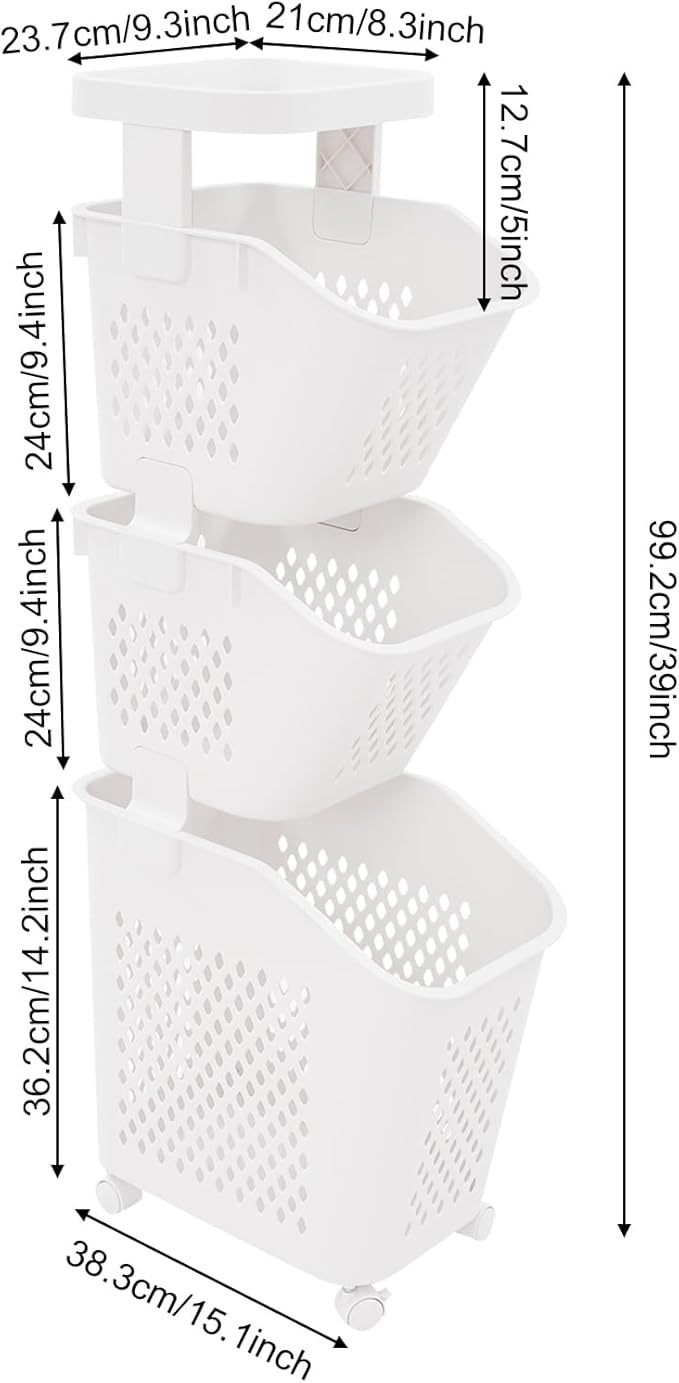 3-Tier Laundry Hamper Sorter with Wheels, Vertical Rolling Laundry Baskets Removable and Stackable, Space-Saving Cart Organizer for Dorm, Closet and Bathroom (3-Tier)