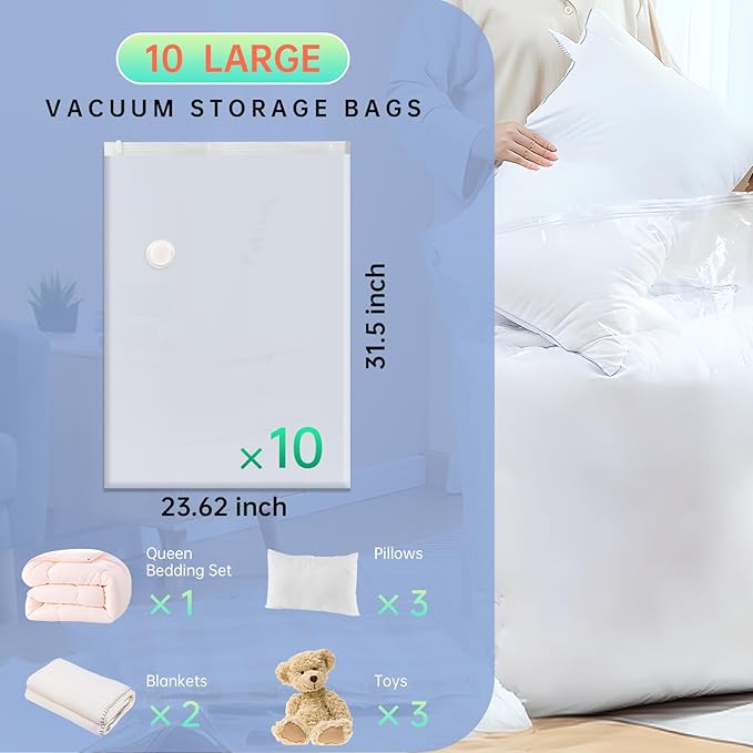 10 Large Vacuum Storage Bags, Vacuum Seal Bags for Clothing, Pillows, Comforters, Blankets, Space Saver Bags with Hand Pump