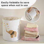INough Baby Laundry Basket Laundry Hamper, Canvas 58L XL Baby Clothes Basket, Collapsible Brown Laundry Basket for Nursery Toy Baskets with Drawstring Closure, KidsRoom Decor for Boys