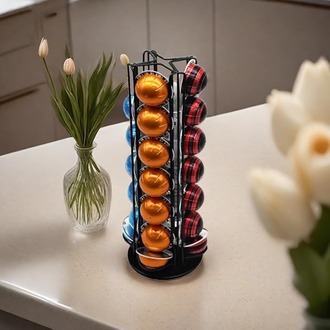 Miuly Coffee Capsule Holder For Nespresso Vertuoline, Coffee Capsule Stands Rotating Pod Rack holds 28 Nespresso Vertuo Pods, Black
