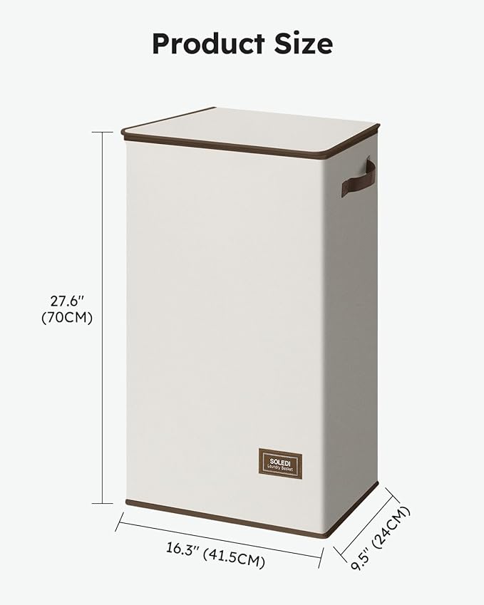 SOLEDI Slim Laundry Hamper with Lid, Narrow Laundry Basket with Removable Bags, Dirty Clothes Hamper with handle, Small Hamper perfect for Laundry room, Bathroom, Bedroom, Small spaces. 70L Beige
