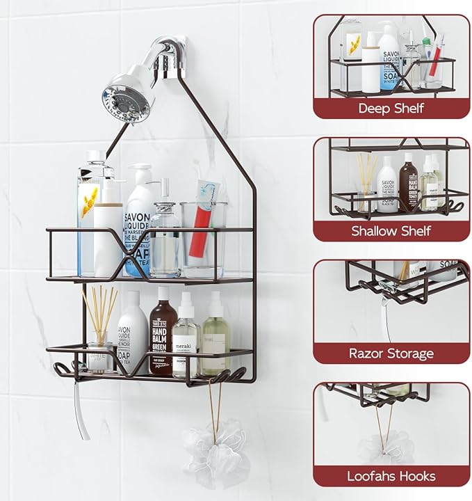 TreeLen Shower Caddy over Shower Head Hanging Bathroom Caddy for Bathroom Organizer 4 Hooks Shampoo Holder-Bronze