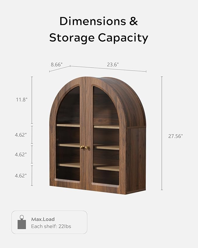 Brown Arched Wall Cabinet, Large Wood Bathroom Medicine Cabinet Wall Mounted Cupboard, Modern Floating Storage Cabinet with Acrylic Door Adjustable Shelf, Wood Organizer (Brown-Oak)