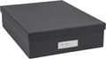 Bigso Oskar Fiberboard Label Frame Document Letter Box - File Organizer Box for Important Paperwork - Document Storage with a Lid & Metal Label Window - 3.3 in x 10.2 in x 13.8 in - Dark Grey