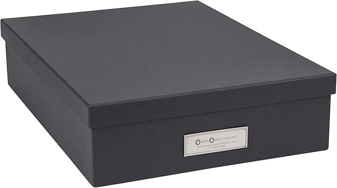 Bigso Oskar Fiberboard Label Frame Document Letter Box - File Organizer Box for Important Paperwork - Document Storage with a Lid & Metal Label Window - 3.3 in x 10.2 in x 13.8 in - Dark Grey