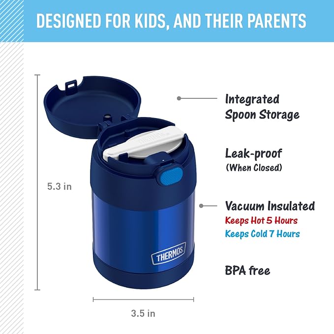 THERMOS FUNTAINER 10 Ounce Stainless Steel Vacuum Insulated Kids Food Jar with Folding Spoon, Navy