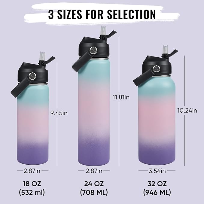 32oz Insulated Stainless Steel Water Bottle, Wide Mouth Double Wall Vacuum, Silicone Straw, Sweat & Leak Proof, BPA Free Insulated Water Flask for Travel, Keep Cold 24h Hot 12h, Pink