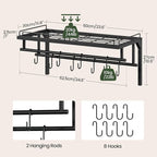 Hanging Pot Rack, Wall-Mounted Pot Rack, Kitchen Cookware Organizer, Metal Pot and pan Organizer Holder, for Cookware, Utensils Organization, Black TPR37BB