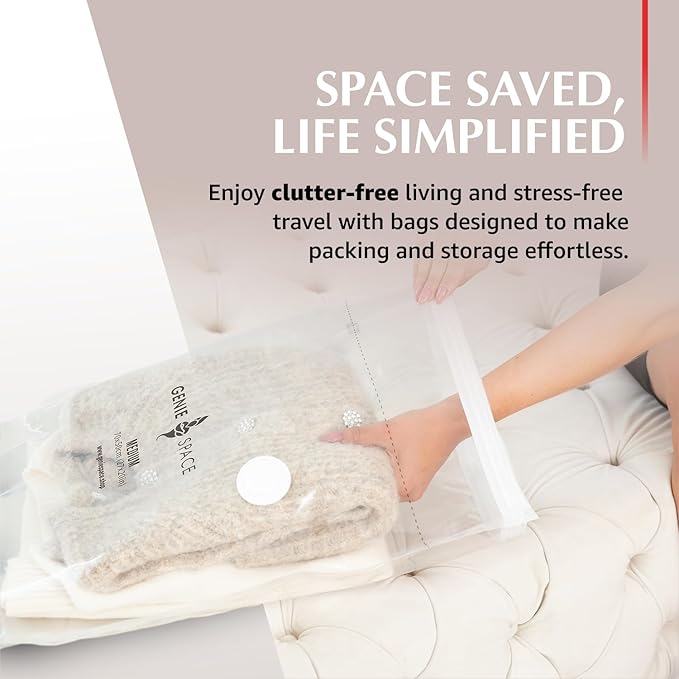 GENIE SPACE Premium Vacuum Storage Bags for Clothes, Bedding and Travel, Medium Size 27x20 Inches, Airtight, Odor-Proof and Reusable Space Saver Bags with Double Zipper Seal, 2-Pack