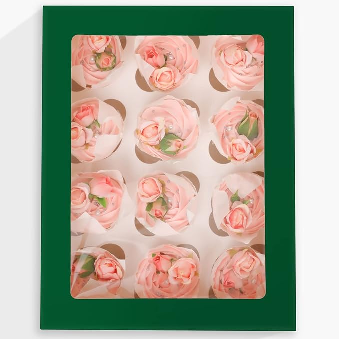 Bakepacker 12 Cupcake Containers 10-Packs Forest Green Cupcake Box Cupcakes Carrier, 12 Cupcake Boxes with Window 13"x10"x3.5"（Auto-pop up）