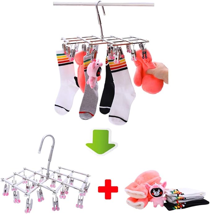 Drying Hanger,Hanging Drying Rack,Drip Hanger Stainless Steel with 18 Pegs for Laundry Underwear Socks Bra Panty,Quickly Remove Clothes from Hanger,Windproof,Folding Portable,Green